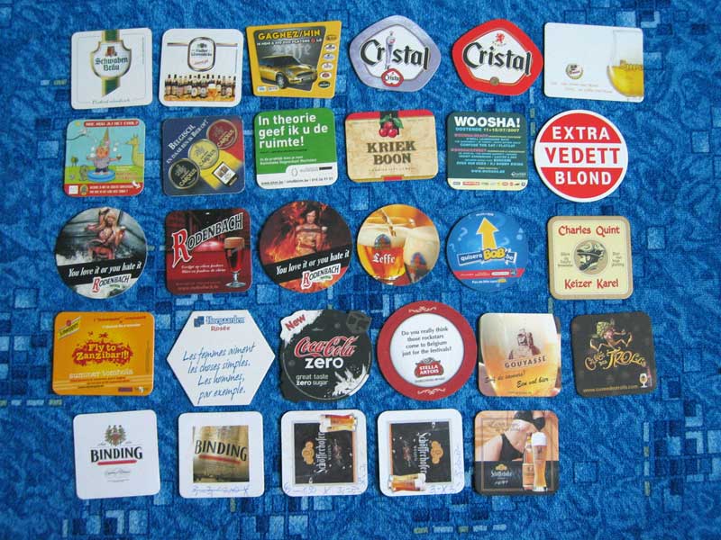 Pivní tácky nasbírané v Belgii a Německu / Beer mats collected in Belgium and Germany